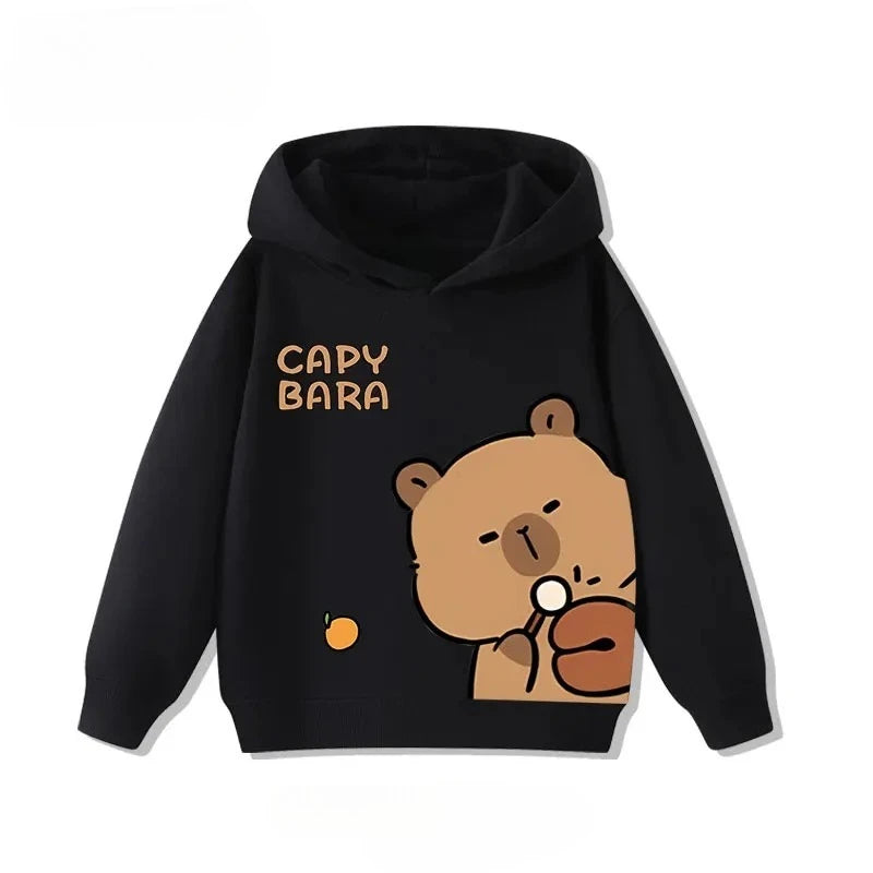 Autumn Winter Cartoon Cute Capybara Print Children's Hooded Hoodies Casual Fashionable Comfortable Boy Girl Sweatshirt Pullover