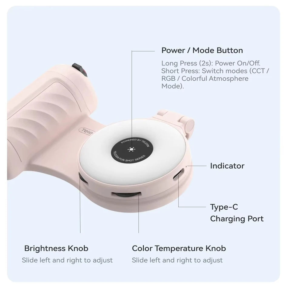 TELESIN Magnetic RGB Fill Light Phone Camera Shoot Hand Grip Holder Shooting Aid Remote Control Handle for iPhone 17 16 15 VIVO