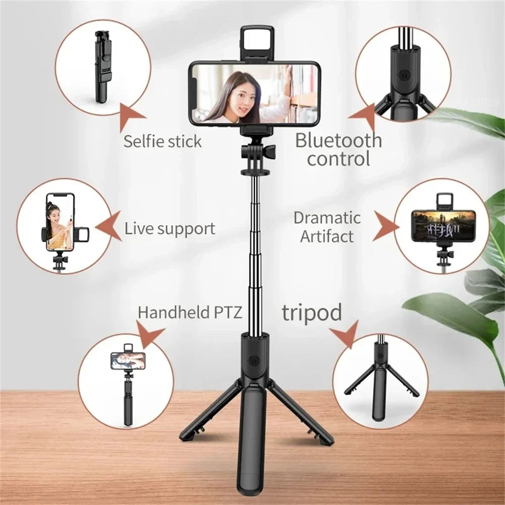 Selfie Stick Tripod Stand with Wireless Bluetooth Remote Extendable Stainless Steel Rod for iPhone Mobile Phones Live Streaming