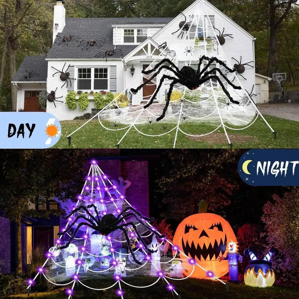 1pc Halloween Giant Spider Web Light With Big Spider Purple LED Battery Powered For Indoor Outdoor Yard Porch Garderd Home Decor