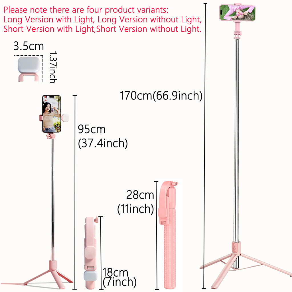 Extendable Aluminum Selfie Stick Tripod, Fill Light & Bluetooth-compatible Remote, Compatible with IPhone/Android, for Travel