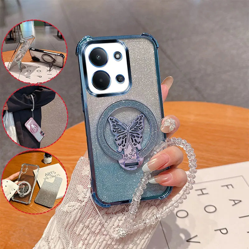 Shockproof Anti-drop Phone Case For Redmi 15C 171mm 173mm Poco C85 15R Glitter Butterfly Stand With Crystal Lanyard Back Cover
