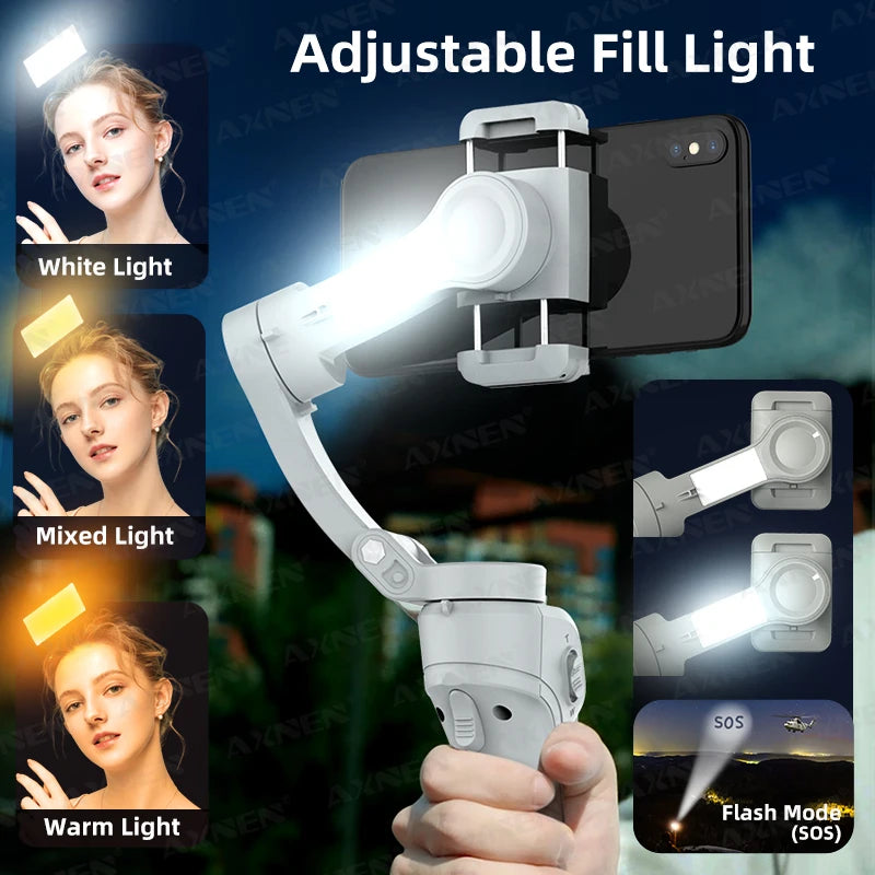 3-Axis Handheld Gimbal Stabilizer with Zoom Function  Fill Light Image Stabilization for Smartphones Supports Face Tracking
