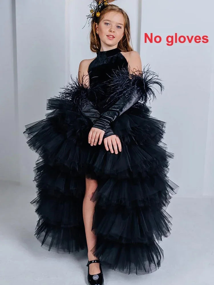 Black halter train multi-layered tulle dress No gloves girls dress for girls Kid costumes Princess Shaggy  dress Summer