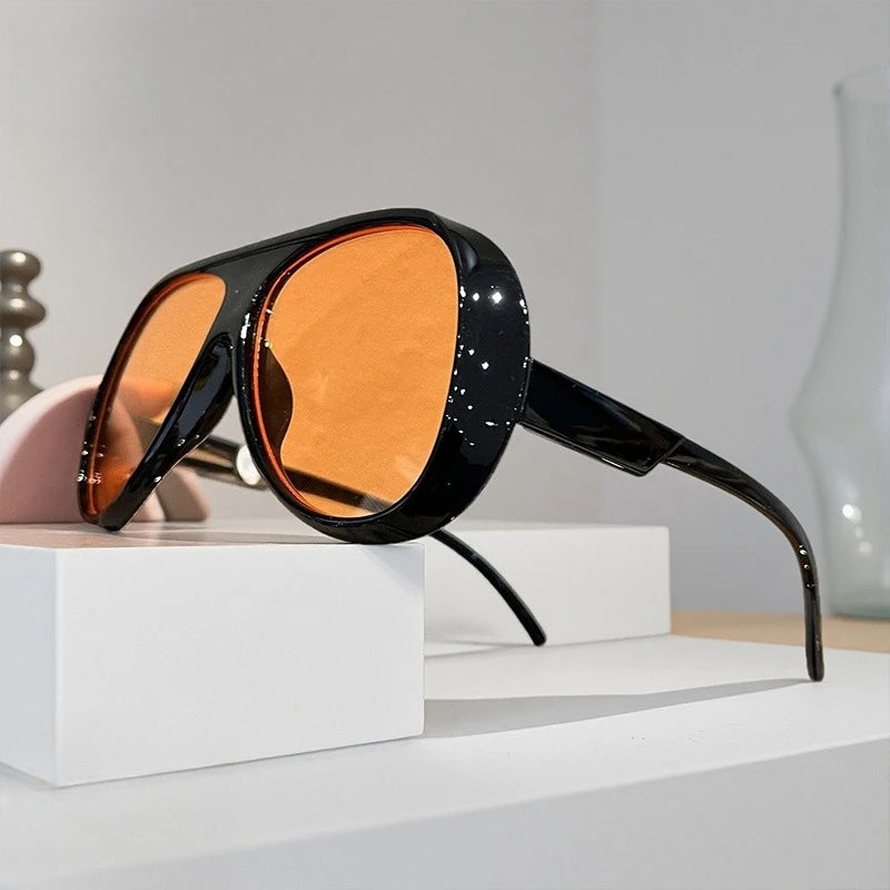 2026 Trend Oversized Pilot Sunglasses For Women Vintage Double Bridge Orange Yellow Lens UV400 Beach Travel Sun Shades Eyeglasse
