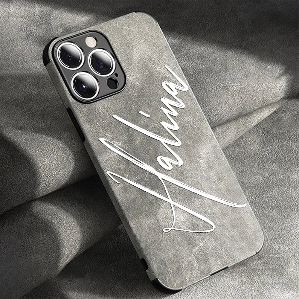 Large Brush Calligraphy Name Customized Phone Case For iPhone18 16 15 14 13 12 11ProMax Lambskin Faux Leather Shockproof Cover