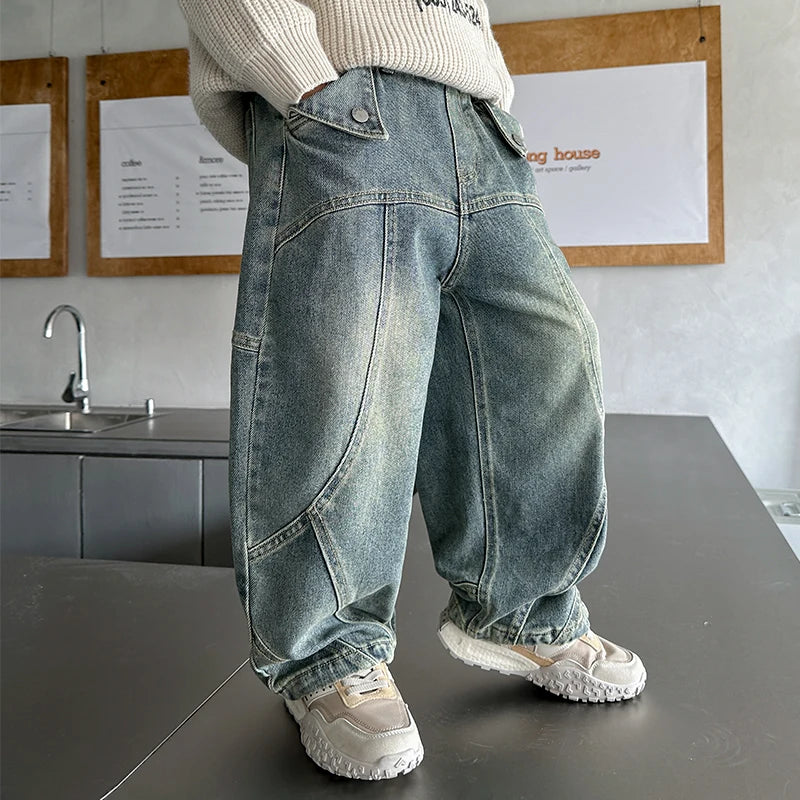 Kids Child y2k Baggy Jeans For Boy Harajuku Vintage Blue High Quality Hip Hop Streetwear Casual Wide Leg Patchwork Denim Pants