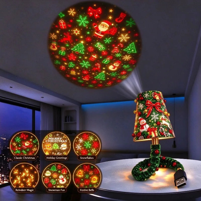 Christmas Projector Light, USB Powered Christmas Night Light with 3-6 Holiday Patterns, Flexible Tree Lamp for Bedroom, Ceiling