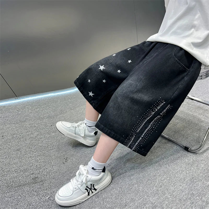 Kids Vintage Black Denim Shorts For Boys Casual Summer Shorts Teenager Children Retro Straight Knee-Length Printing Jeans Pants