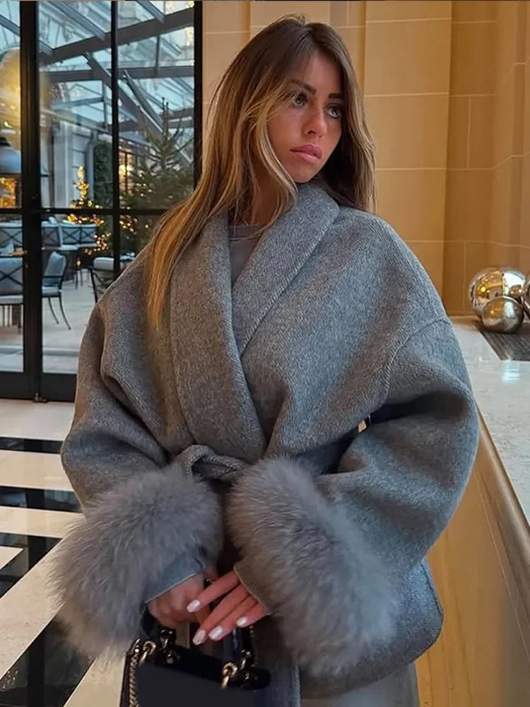 Solid Lapel Feather Woolen Coat Women's Elegant Full Sleeve Lace Up Loose Overcoat 2025 New Autumn Winter Office Commute Outwear