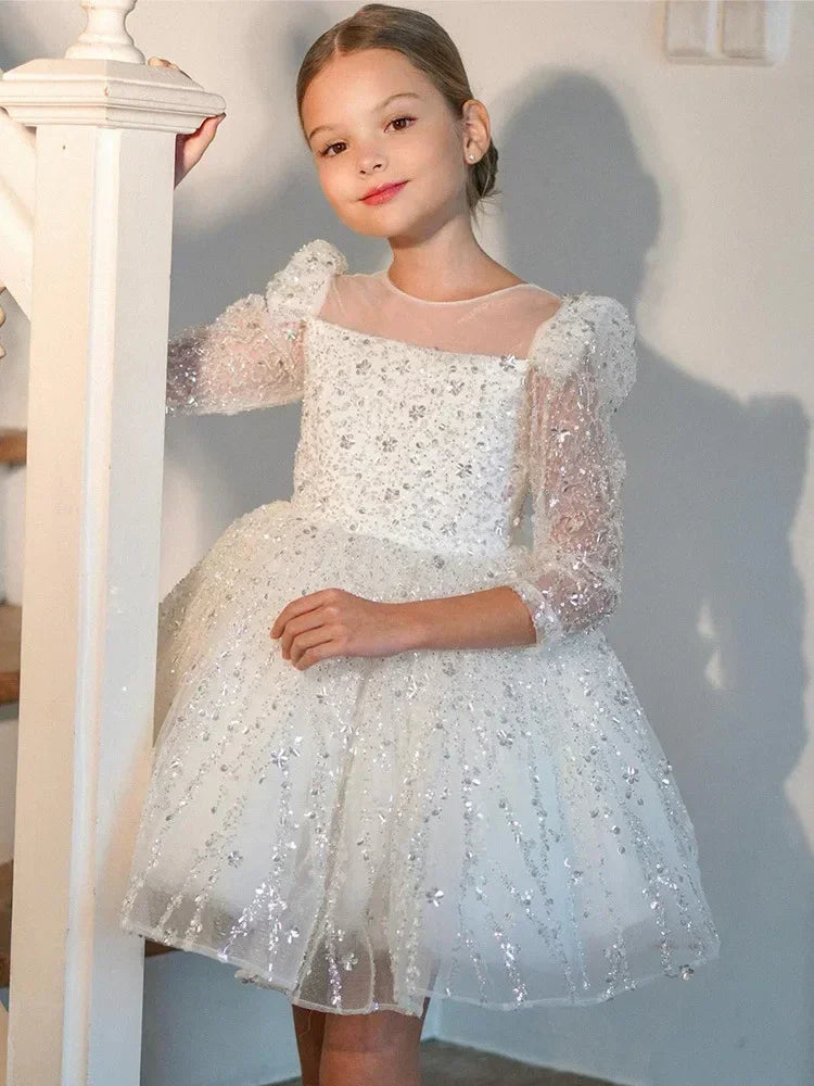 Girls Sequin Mesh Long Sleeve Birthday Party Dress Baby Girl Opening Ceremony Prom Gown New Childrens Dress Cute Kids Clothes