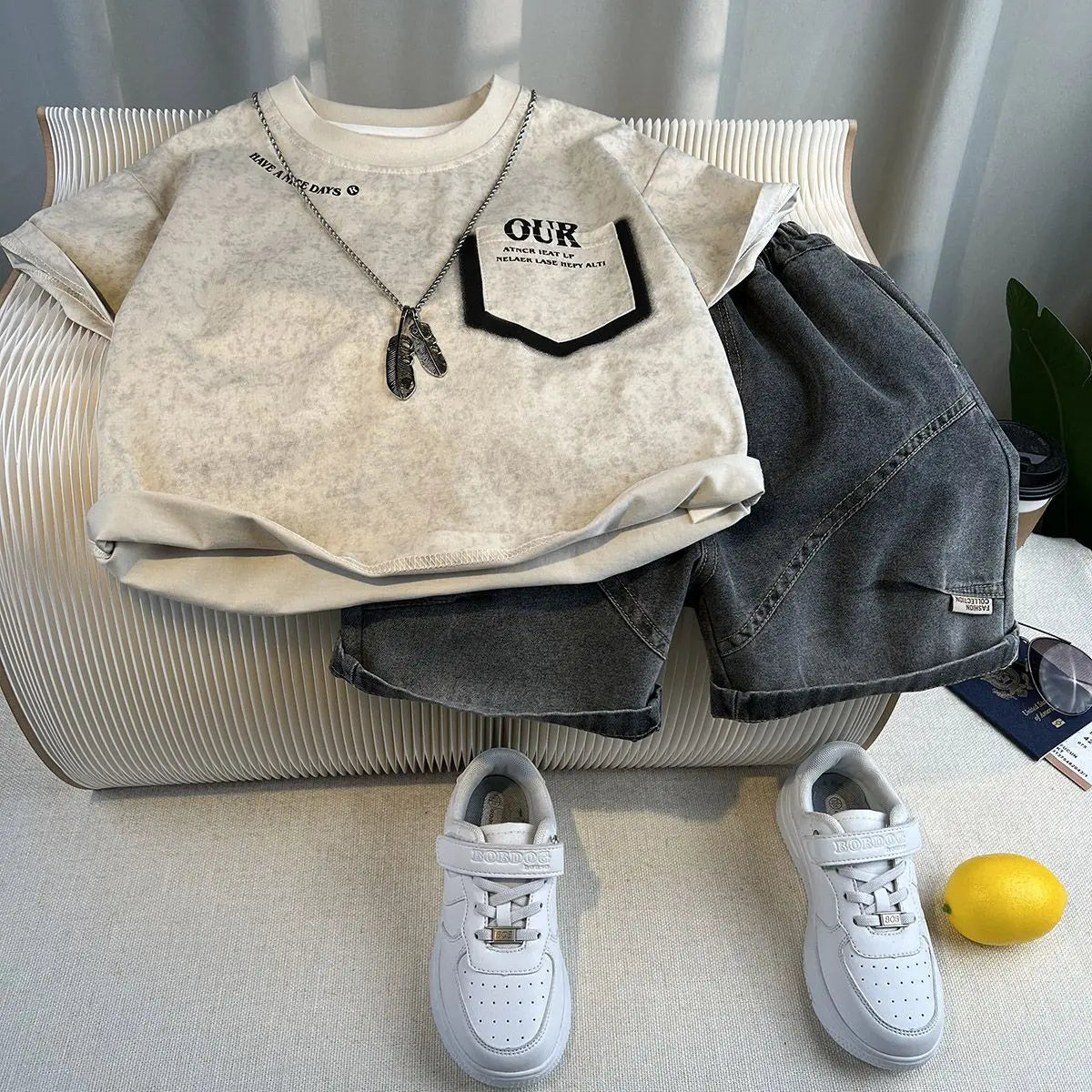 Korean Boys Summer Children's Top and Bottom 2PC Sets Short Sleeve T-Shirt & Denim Shorts Kids Clothes 1-7 Years Black Toddler