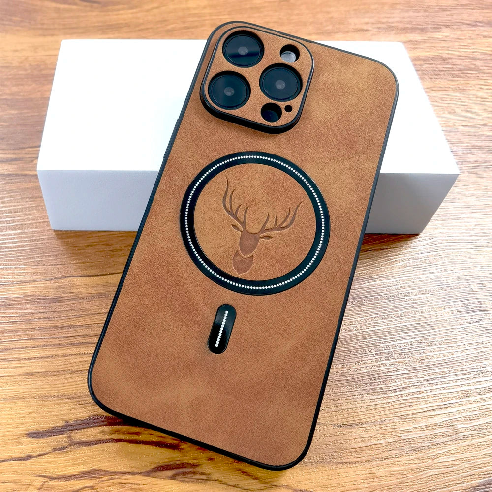 Luxury PU Leather Deer Case For iPhone 18 17 Air 16 15 14 13 12 11 Pro Max Plus 16E 18Pro For Magsafe Wireless Charge Back Cover