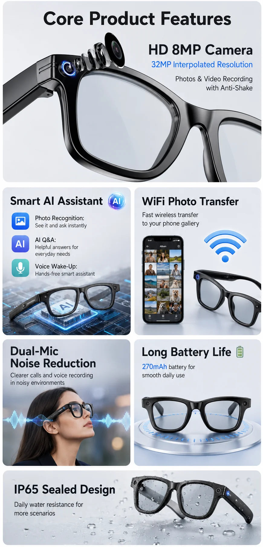 AI Smart Glasses with Camera, 4K EIS Anti-Shake Video & Photo Capture, Real-Time Translation,Open-Ear Bluetooth Audio