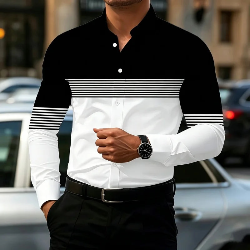 2026 New Men's Contrasting Striped Shirt Street Style Black and White Striped Slim Fit Shirt Business Casual Formal Shirt XS-6XL