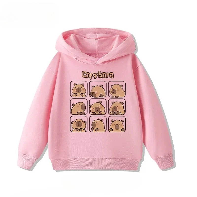 Autumn Winter Cartoon Cute Capybara Print Children's Hooded Hoodies Casual Fashionable Comfortable Boy Girl Sweatshirt Pullover