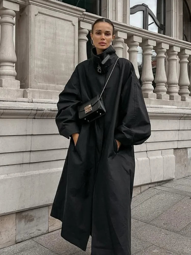 Black Stand Collar Trench Coat Women Casual Long Sleeve Single-breasted Loose Windbreaker Lady Autumn High Street Outwear 2026