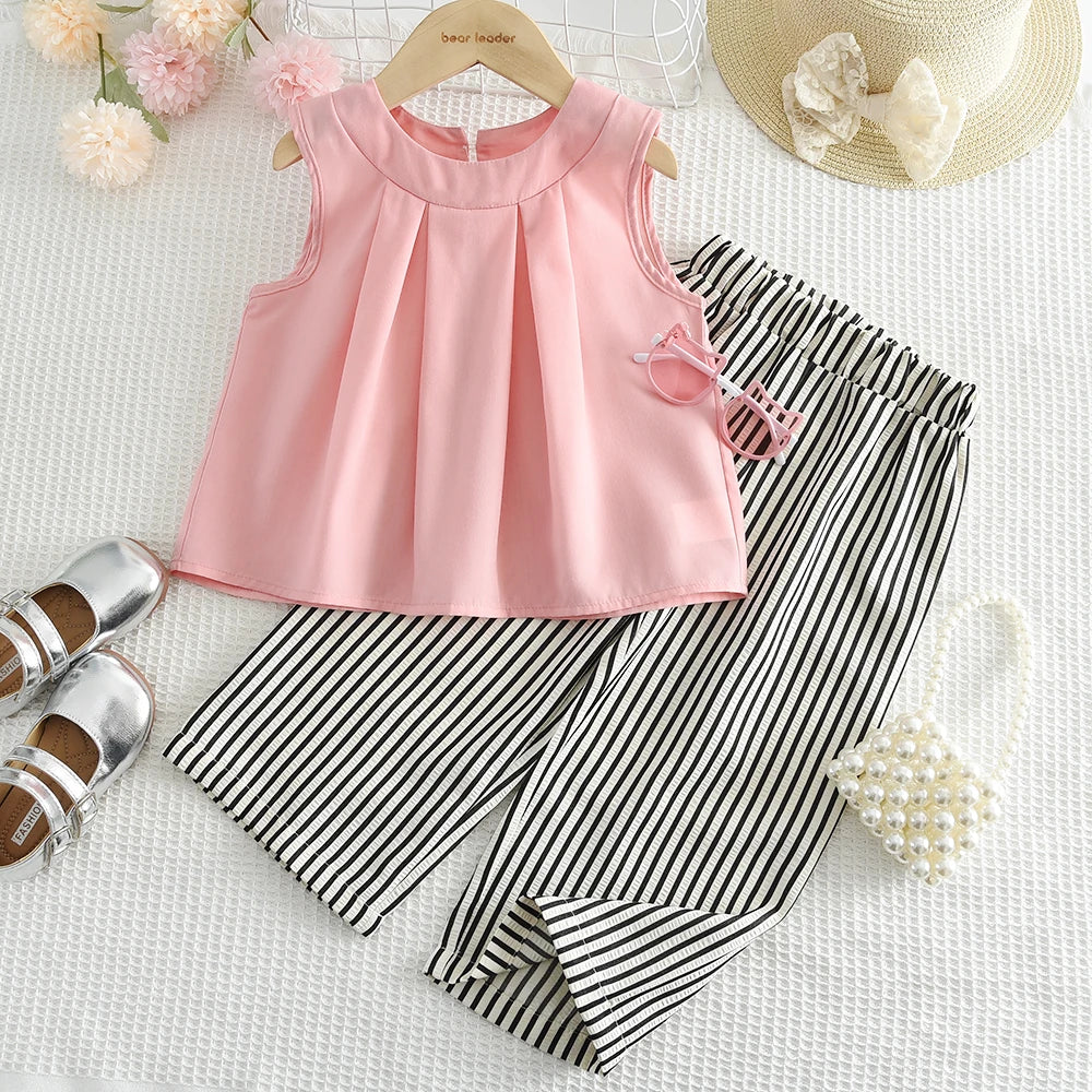 Bear Leader Khaki Vest+Striped Wide Leg Pants Summer Two-piece Set Daily Simple Sleeveless Children's Clothing for 3-7 Years Old