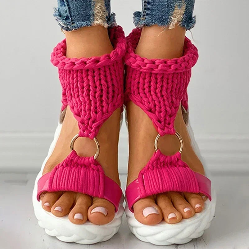 Sandals Women's Braided Knit O-Ring Cutout Platform Summer Gladiator Sandals Shoes Thick Heels Ladies White Sandalias Casual