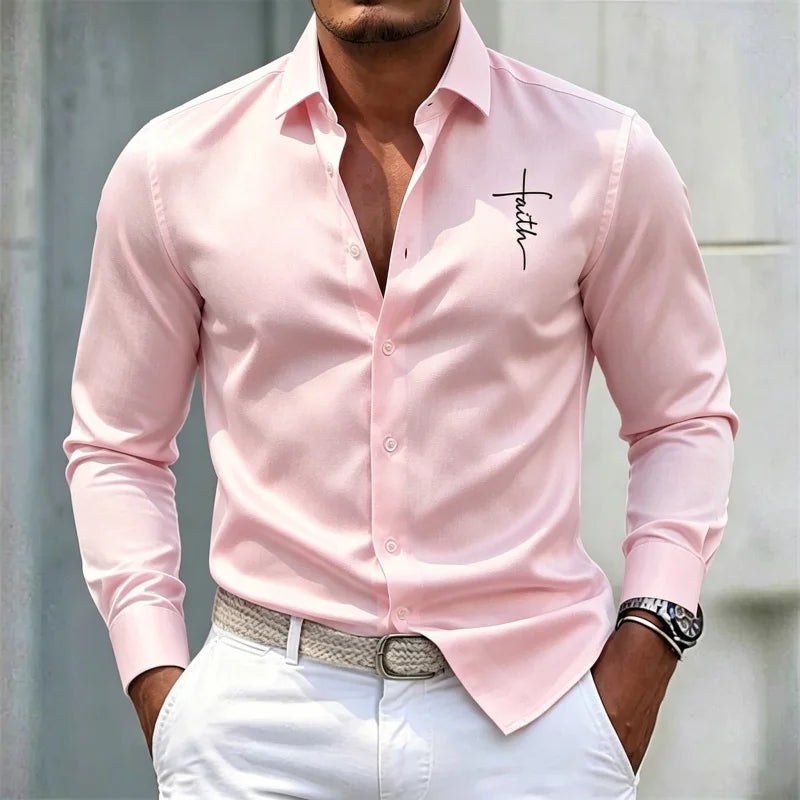 2026 new men's shirt solid color long sleeved shirt slim fit no iron business casual formal wear personalized letter printed top
