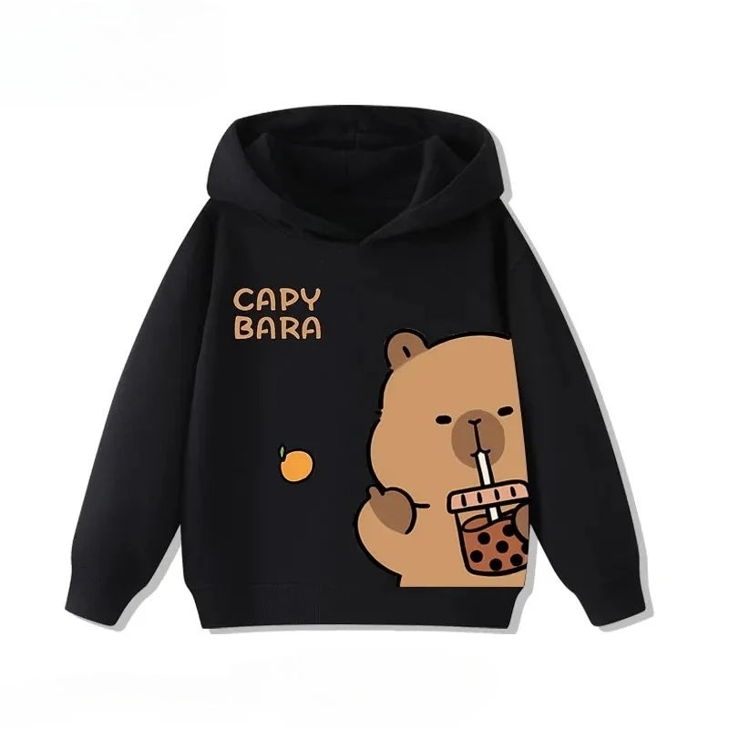 Autumn Winter Cartoon Cute Capybara Print Children's Hooded Hoodies Casual Fashionable Comfortable Boy Girl Sweatshirt Pullover