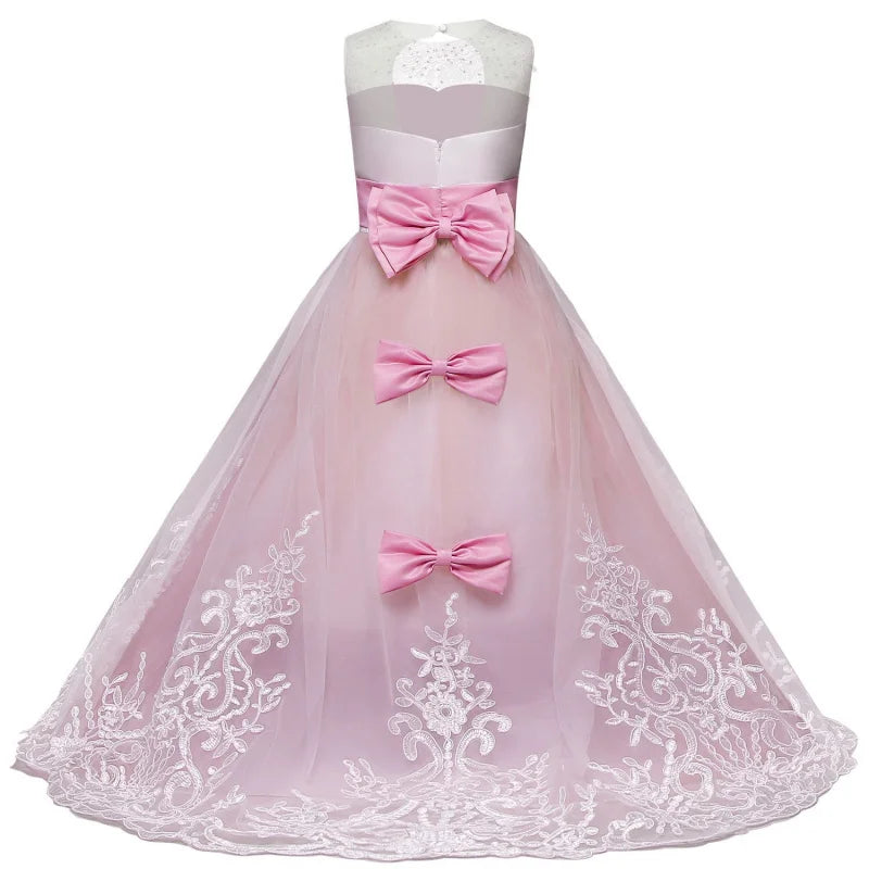 Girls' New Color-Block Lace Puffy Wedding Flower Girl Princess Dress