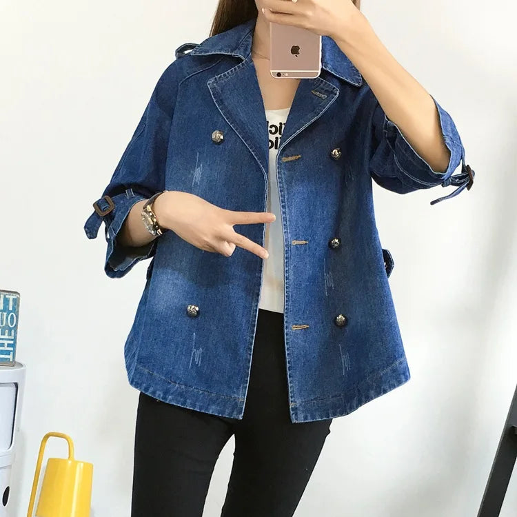 Denim Cape Coat Female Jacket Double Breasted Jackets Women Office Lady Windbreaker Denim Basic Coats Autumn Overcoat