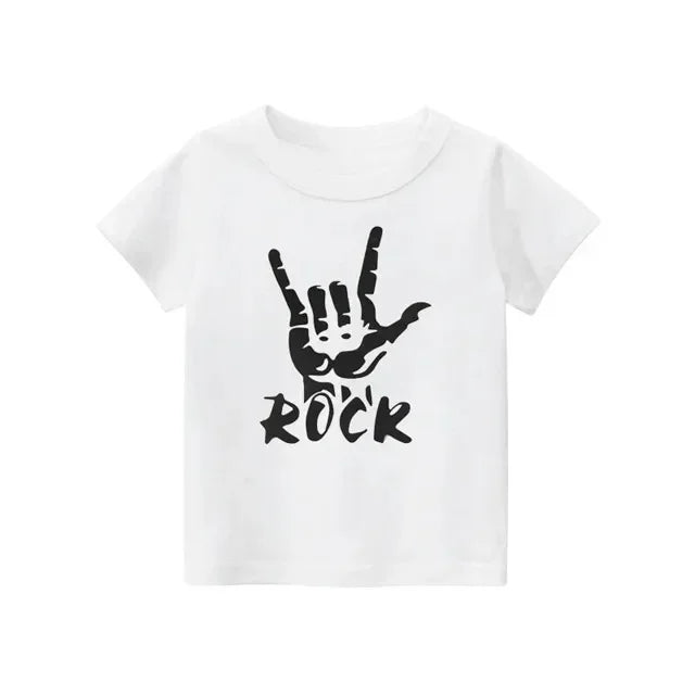 2024 New Fashion Kids T Shirt For Boys Black White Gray Short Sleeve Children Clothes Rock Print Boy T Shirt For Girls Tops