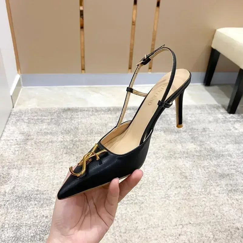 White Elegant Women's Stilettos Summer Fashion Sandals with Metal Buckle Baotou Pointed Back Design 2025 New Ladies' Shoes