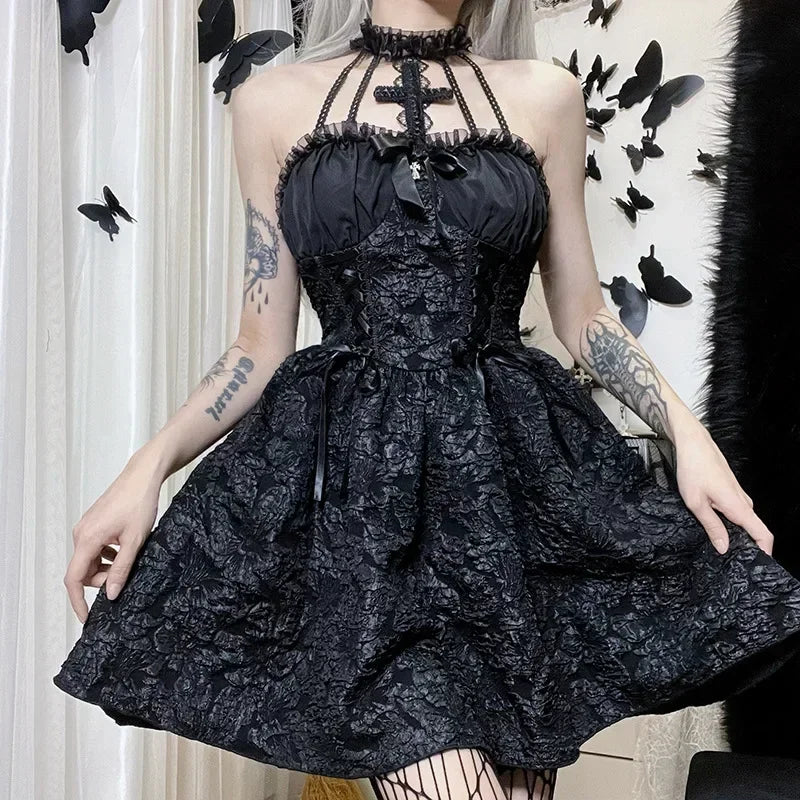 Mall Gothic Emo Jacquard A-line Dresses Goth dress Elegant Grunge Ruched Bandage Partywear Punk Black Women Halloween Club Dress