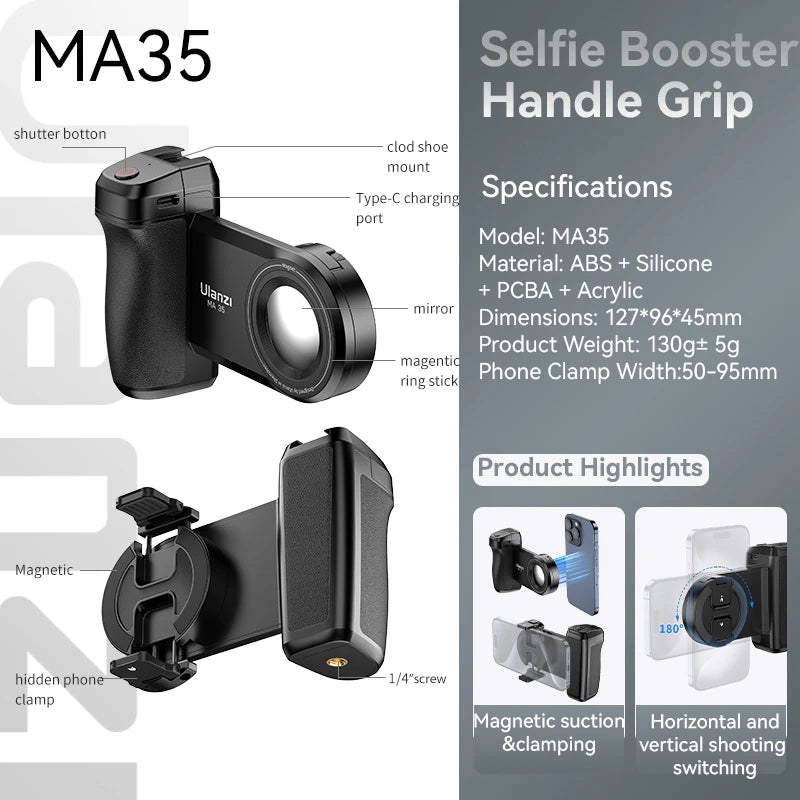 Ulanzi MA35 Selfie HandGrip Booster Bluetooth Shutter for iPhone 17 16 15 Android Photo Stabilizer Cold Shoe 1/4' Screw Mount