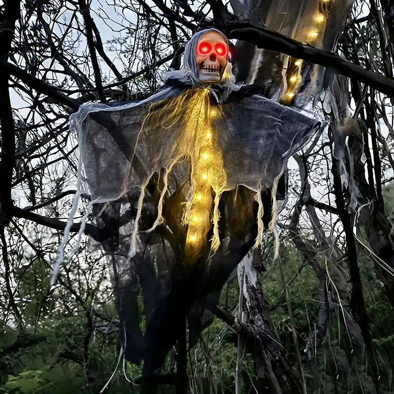 Halloween Skull & Ghost Hanging Decoration Set, LED Glowing Ornament for Outdoor Yard Garden Home Holiday Party Atmosphere Props