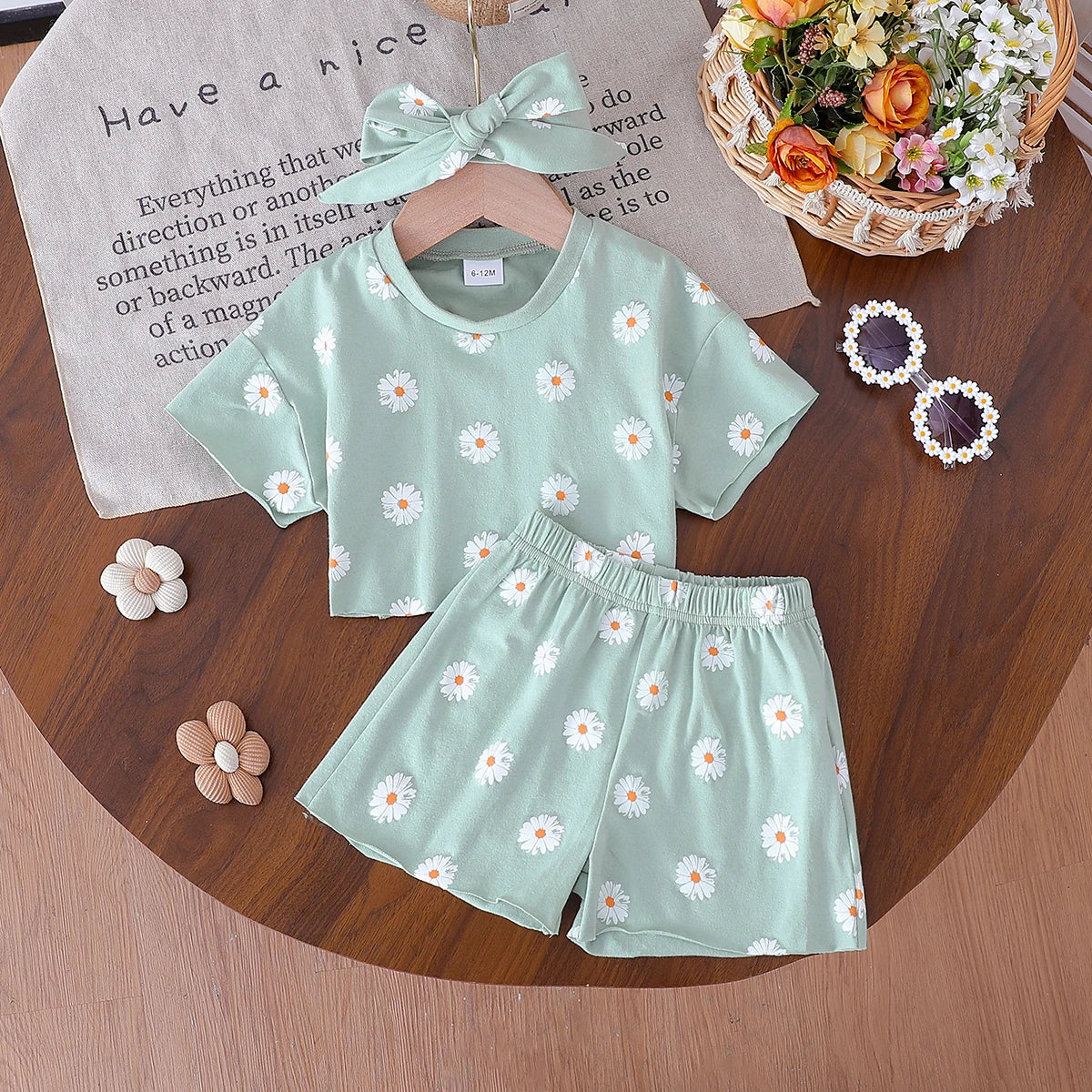 2025 Summer New Arrival Floral Print Short-Sleeved T-Shirt with Matching Floral Print Shorts, Casual and Versatile 3-Piece Set