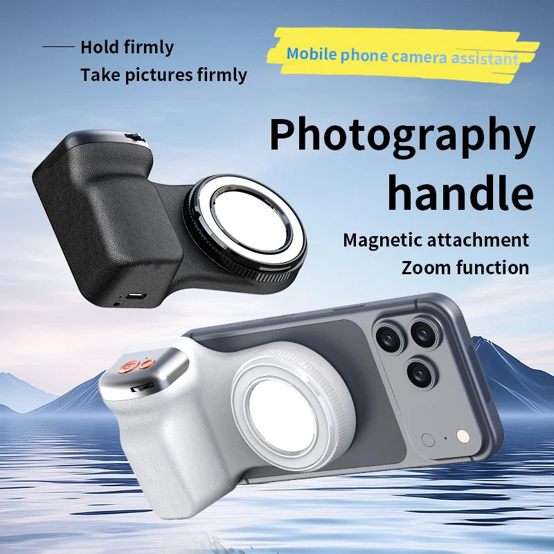 Magnetic Phone Grip with Remote Control Portable Shooting Handle for iPhone Vlog Recording Selfie, Easy One-Hand Operation
