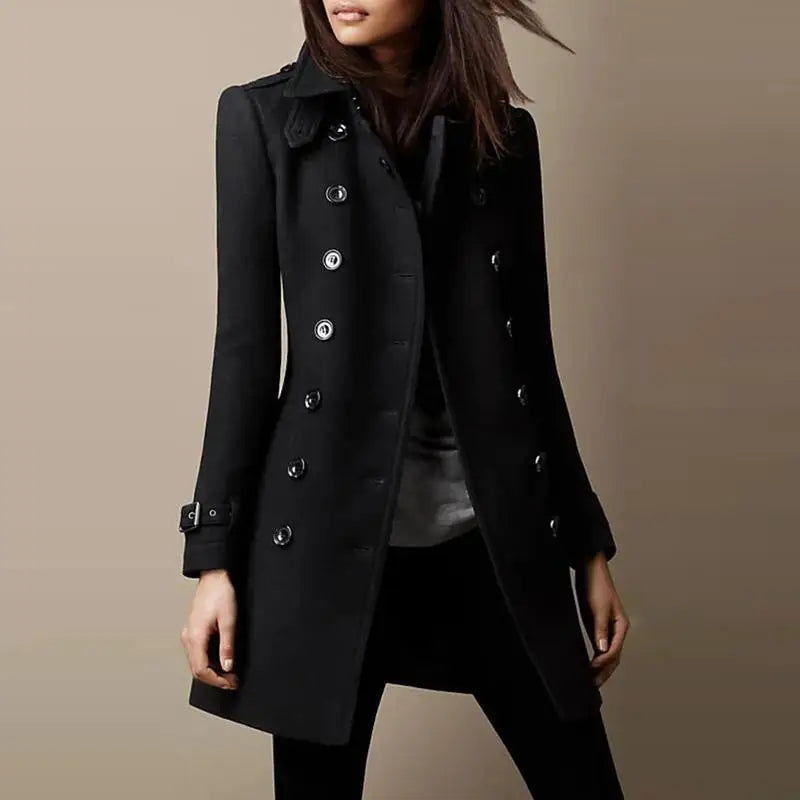 New Women's Autumn Winter Woolen Coat Loose Casual Classy Mid-Length Nicole Outerwear Double-Breasted Polyester Triacetate