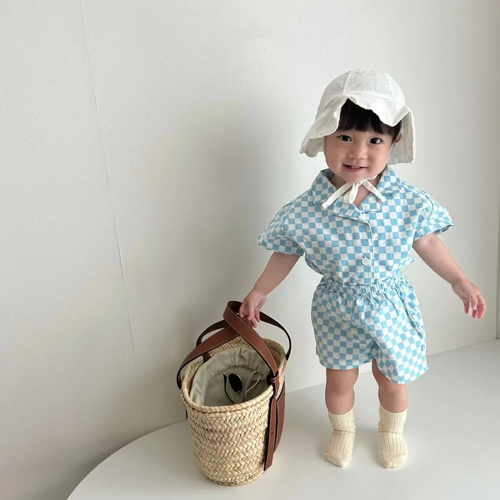 2025 Korean Summer Toddler Boy Clothes Set Cotton Solid Turn-down Collar Shirt Suit Plaid Elastic Waist Shorts Infant Boy Outfit