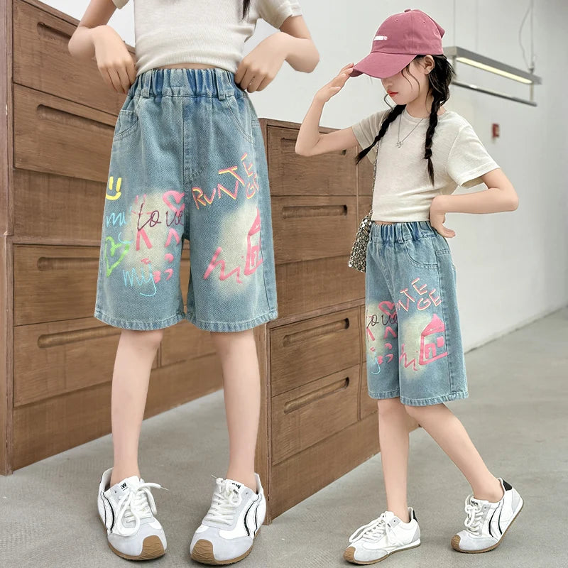 New Summer Kids Girl Letter Print Denim Shorts with Drawings Children Retro Blue Knee Length Street Fashion Jeans Capris 5-14 Y