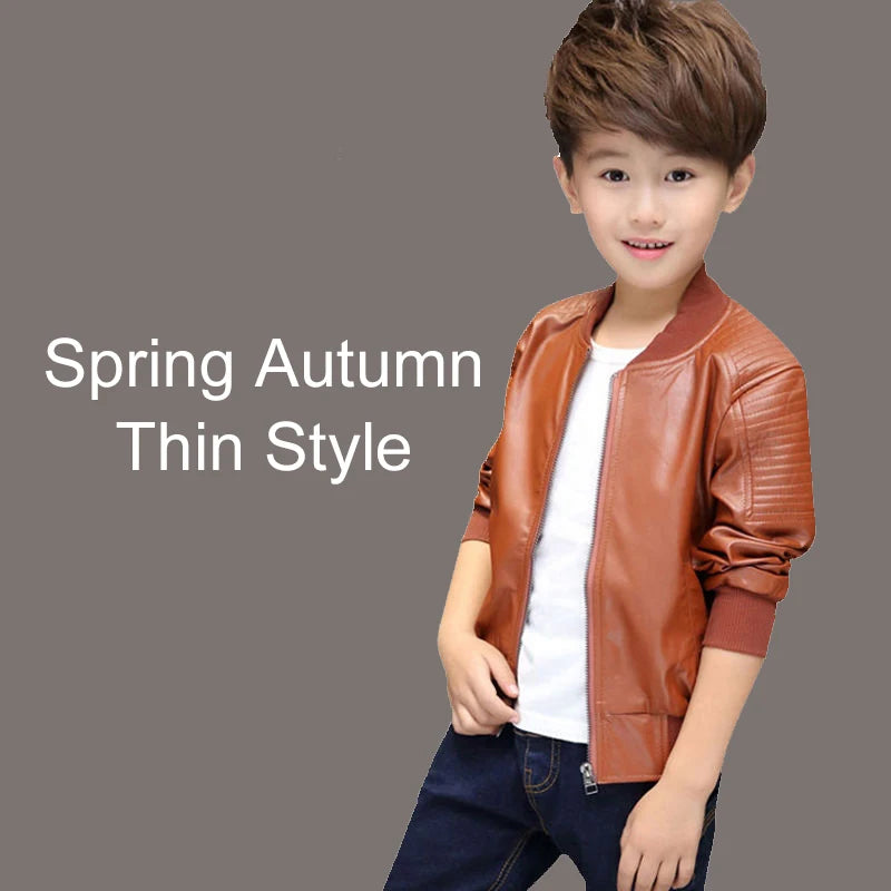 2-13 Years Winter Boys PU Jacket Plus Velvet Keep Warm Leather Jacket For Boys Coat Waterproof Outerwear Teenagers Kids Clothes