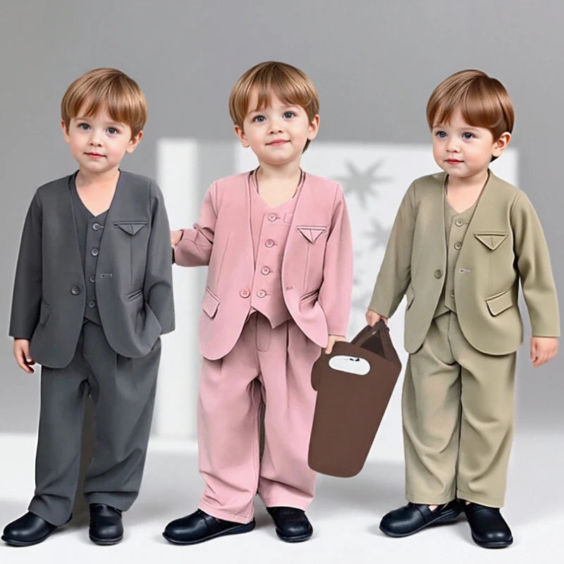 Suit for Boys Fashion V-neck Jacket Waistcoat Trousers 3 Piece Toddler Birthday Blazer Set Khaki Casual Children School Uniform