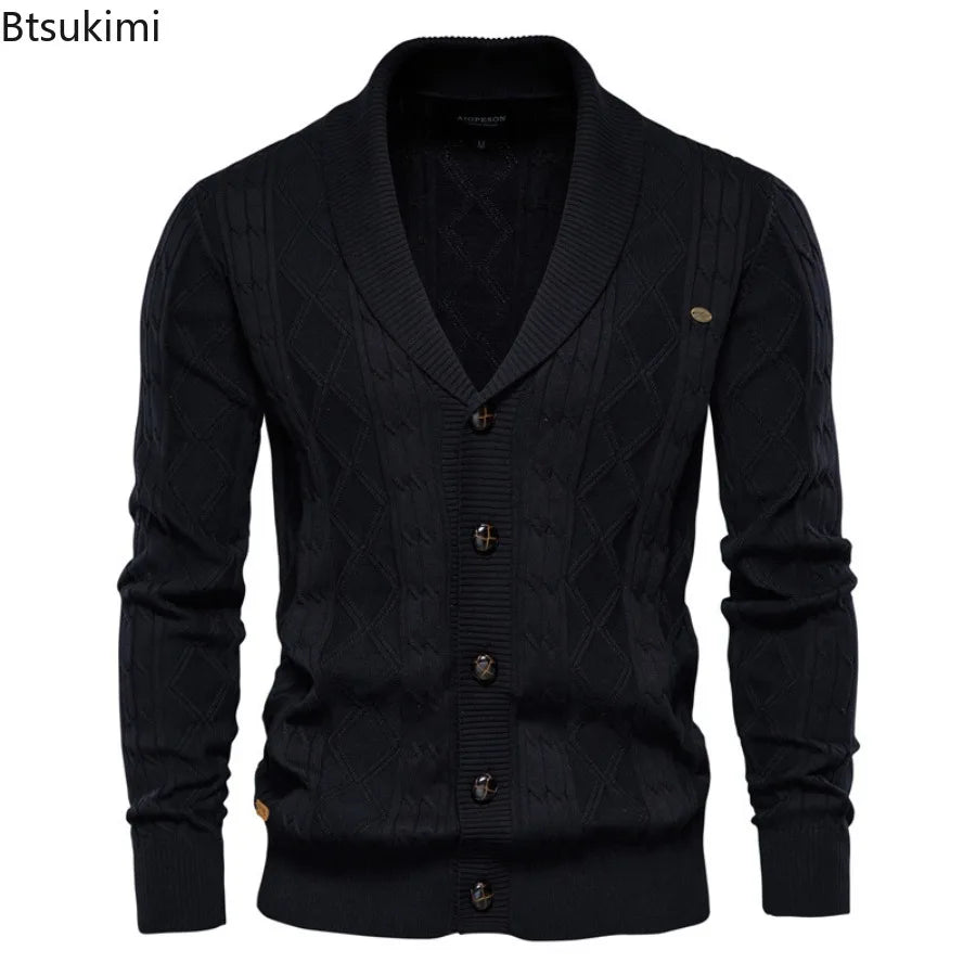 Cotton Casual Knitted Cardigan Men's V-neck Single Breasted Solid Color Business Social Sweater Coats Autumn Winter Men Clothing