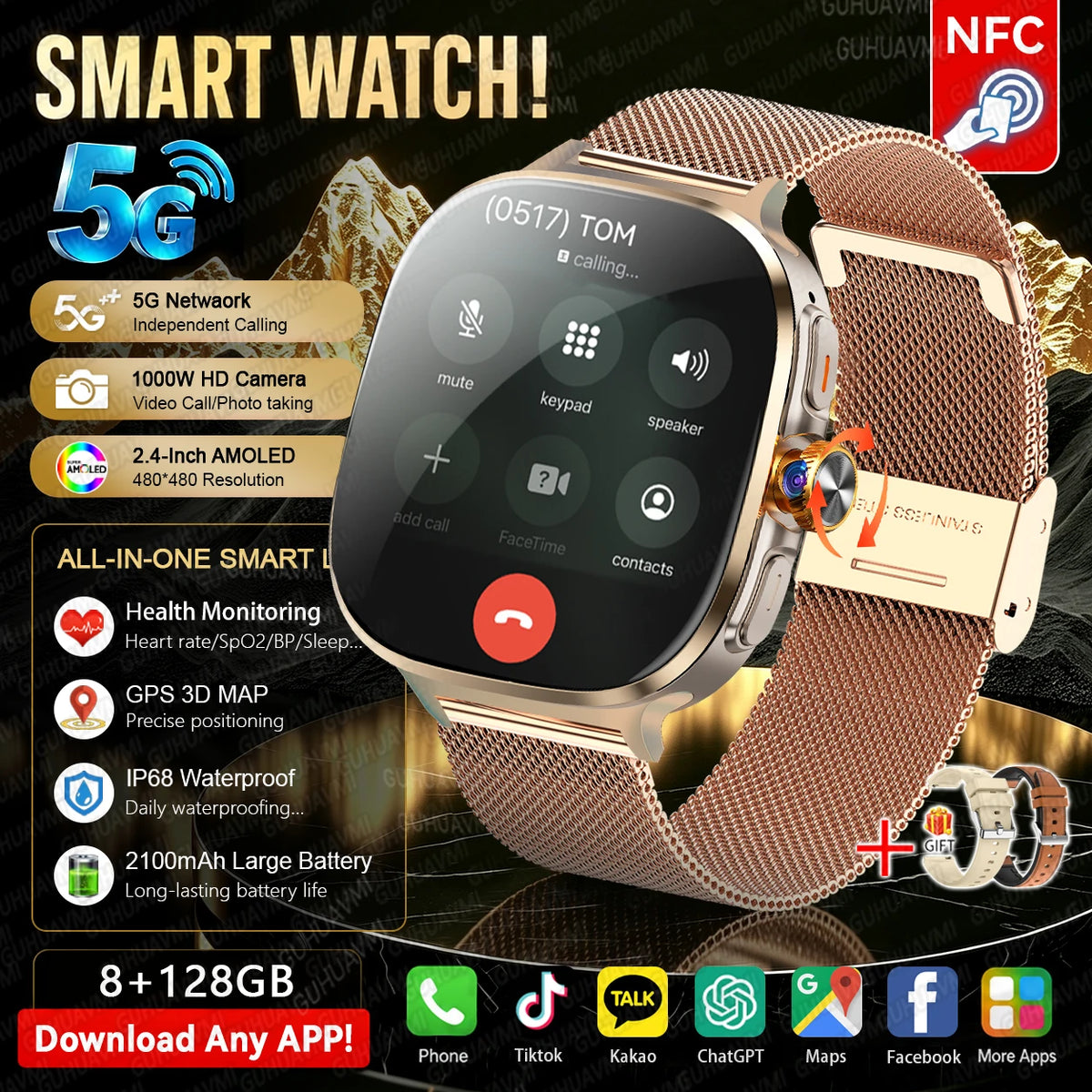 5G/4G Full Network Android Smart Watch With 2.4" AMOLED Display Independent Calling Camera GPS Wifi Bluetooth Sports Phone Watch