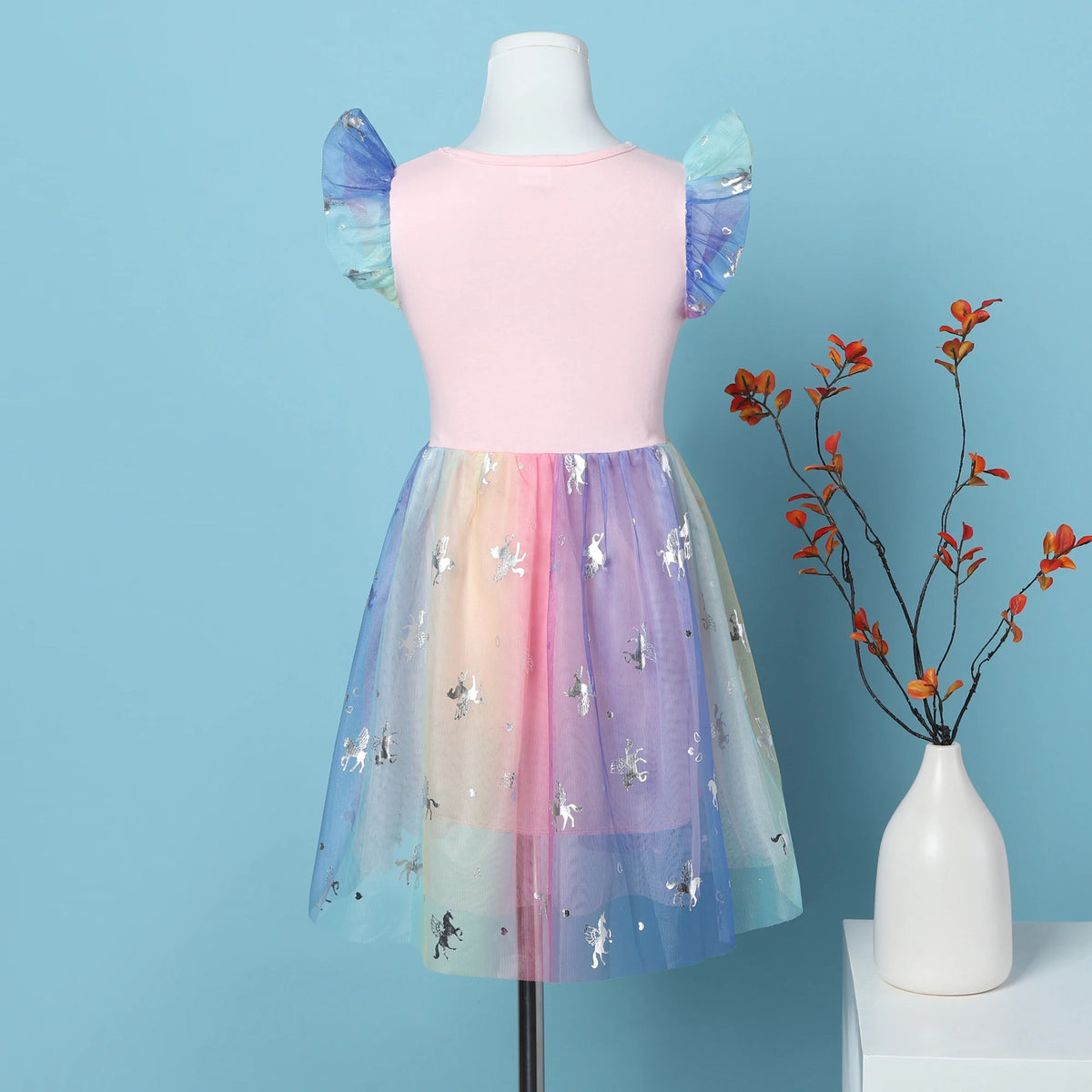 Girl's Summer Cartoon Unicorn Print Rainbow Mesh Splice Princess Birthday Party Sleeveless Dress SH1791