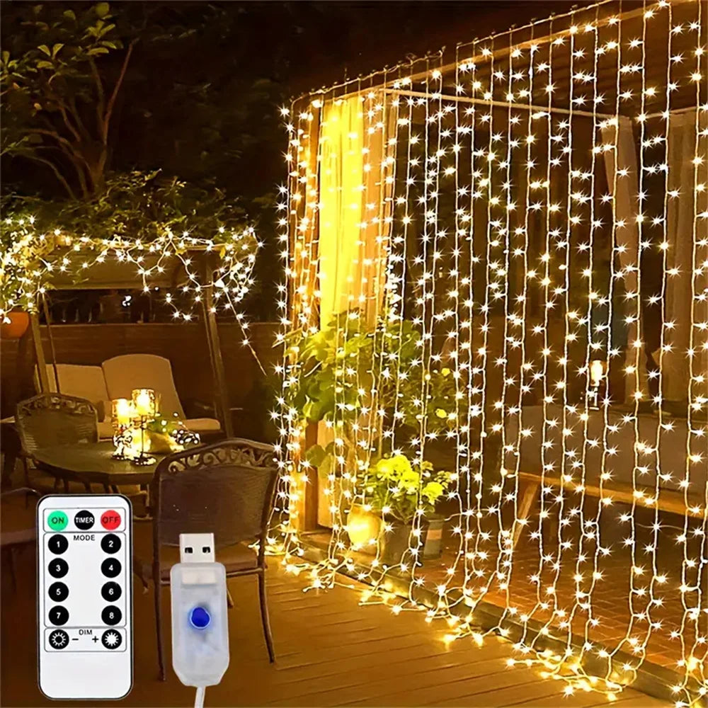 Wedding Outdoor USB Plug-in Festoon Curtain LED String Lights Remote 8 Modes EID Mubarak Bedroom Ramadan Home Decoration 3/4/6m