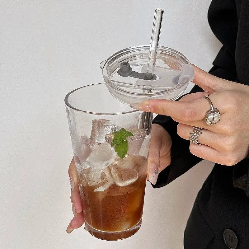 500ml Thickened Glass Cup with Straw & Sealed Lid Reusable Tumbler for Office Iced Beverage Mug  Home Juice Coffee Milk Tea Cup