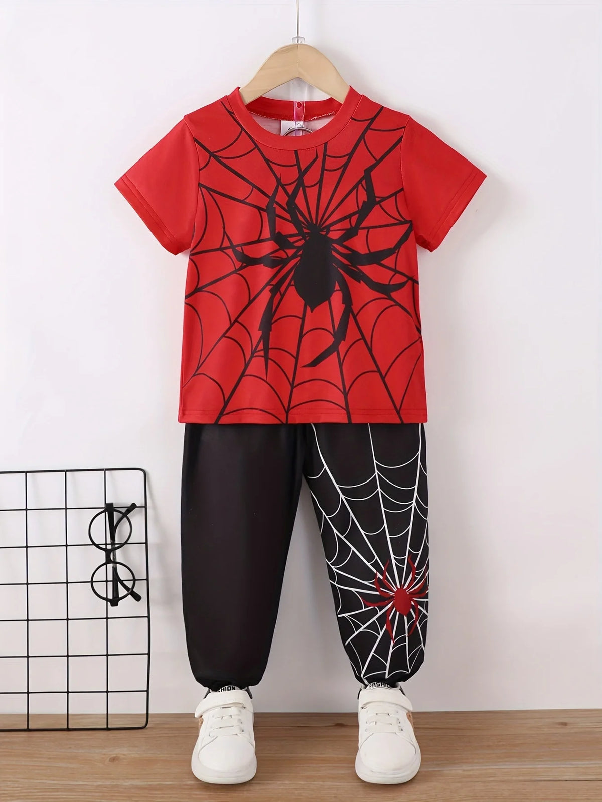 Summer Cool Boys Short Sleeves Spider Prints Two-Piece Leisure Suit For 4-7 Years Old Kids