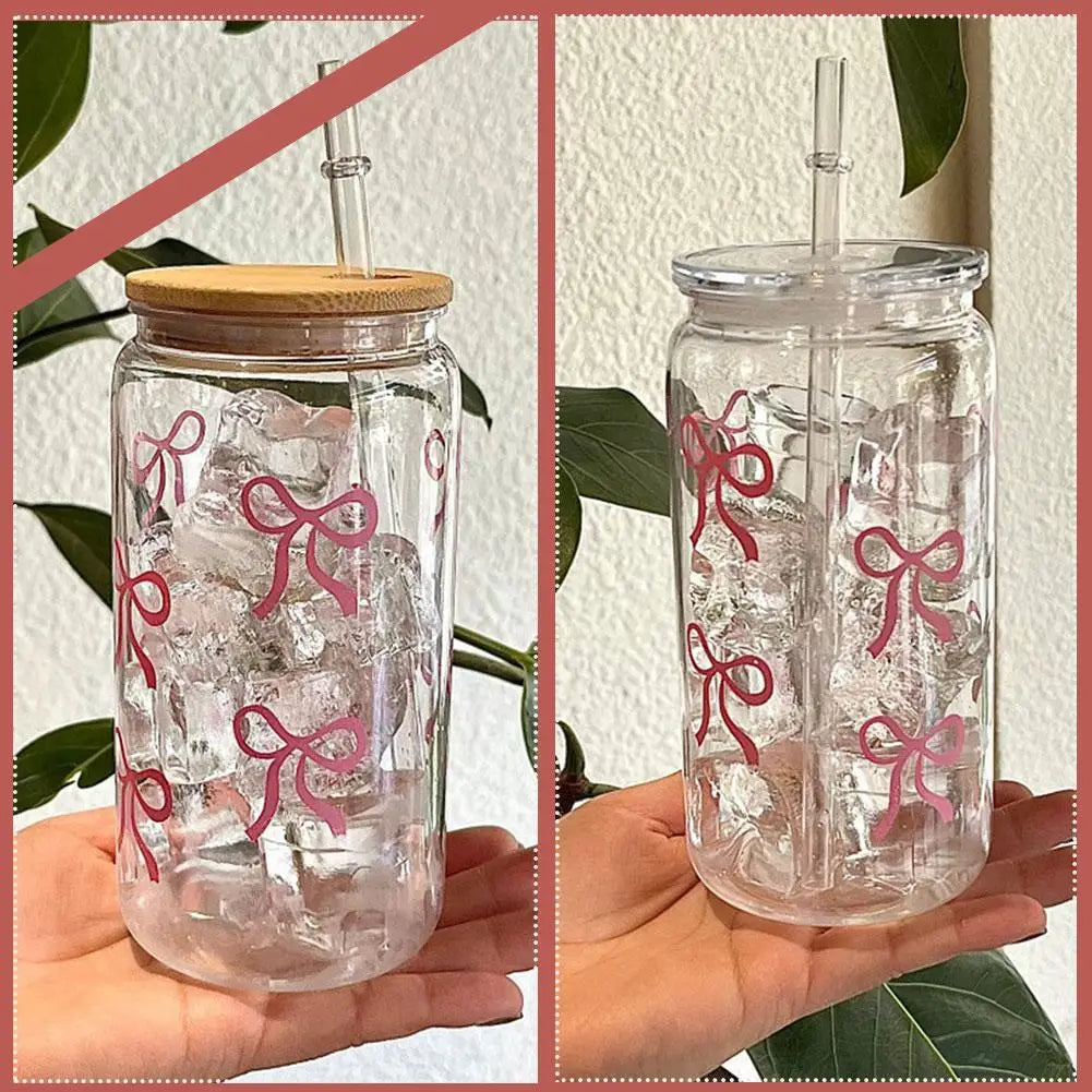 Cute Bow Glass Cup Tumbler Mason Jar Shaped Water Bottle With Lids Straw Coffee Cups Party Gift for Iced Coffee Juice Cup Gift