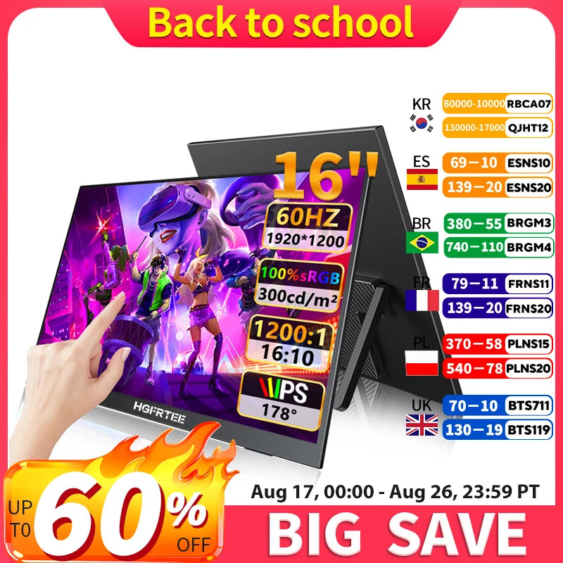 HGFRTEE16' FHD Portable Touch/No Touch Monitor External Display IPS USB C Mini-HDMI for Laptop Mac PC Xbox PS Switch With VESA
