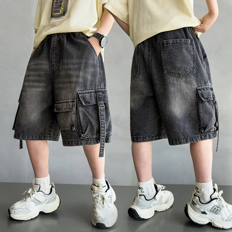 2026 Summer New Kids Designer Black Denim Cargo Shorts Tweens Boy Casual Straight Jeans Shorts For Child Age 5 6 8 10 12 14 Yrs