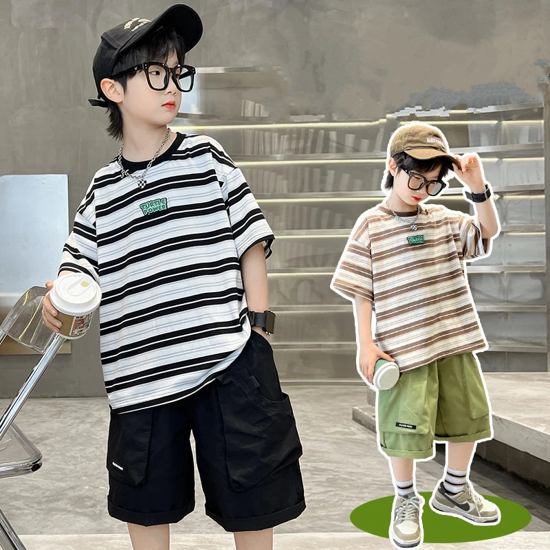 Children 2026 New Summer Striped Clothing Set Top And Bottom Suit for Tween Boys Casual Tracksuit Tshirt Shorts Kids Clothes Set