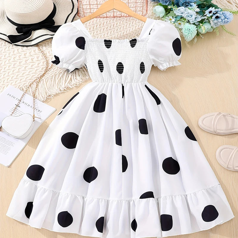 Summer Girls Cool And Breathable Cute Lantern Sleeves Off Shoulder Polka Dot Print Dress Princess Daily Casual Party Dress